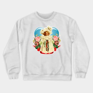 Doll dressed in white with flowers and blue heart Crewneck Sweatshirt